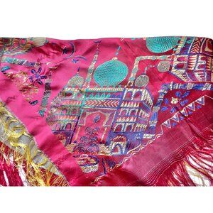 Vintage Taj Mahal Piano Scarf Silk Fringed pre WW2 Red & Yellow Tones 30” X 20”